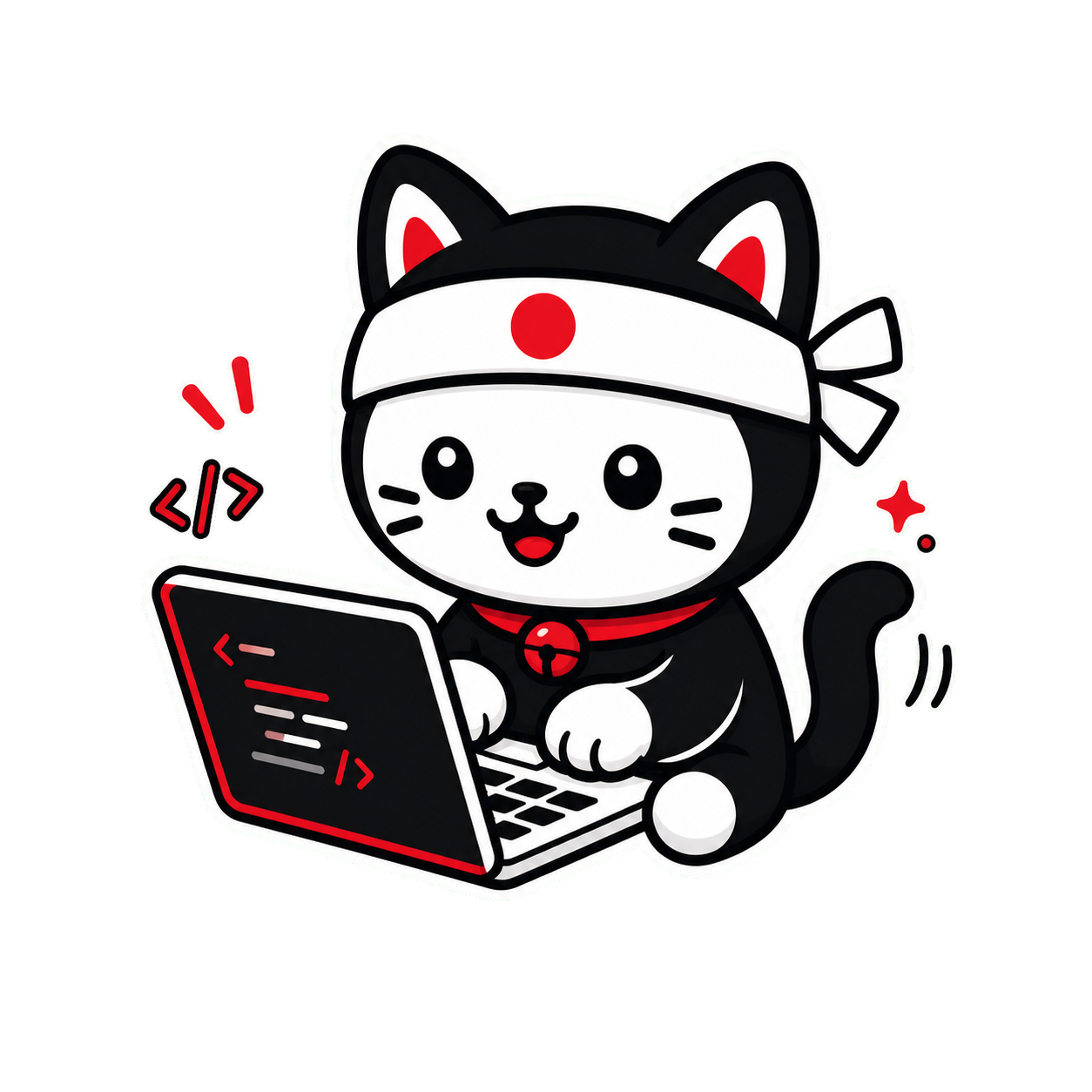 Nihomi-Katzenmaskottchen programmiert an einem Laptop