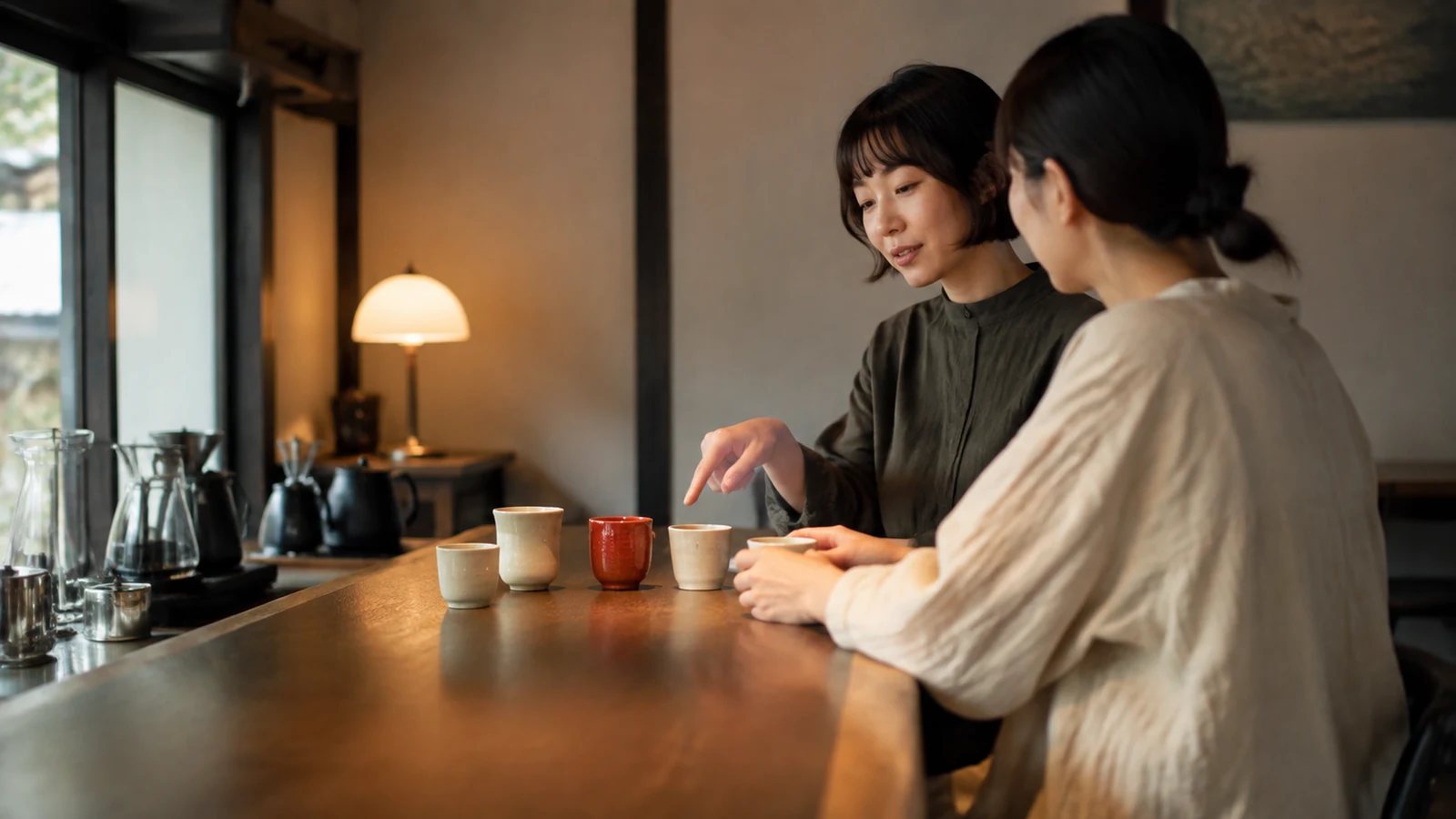 Zwei Frauen in einem japanischen Café sprechen über eine hervorgehobene rote Tasse